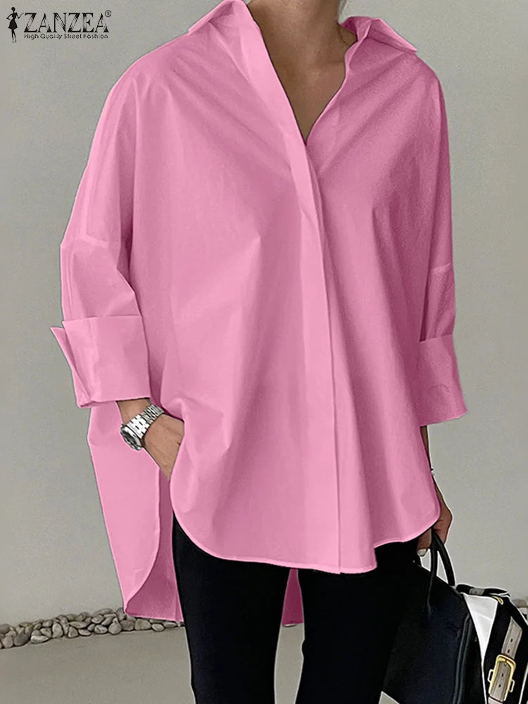 Oversized White Long Sleeve Button Up Blouse for Women