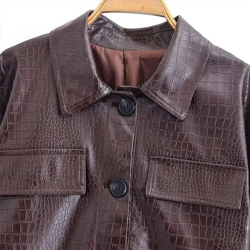 PU Leather Turn-Down Collar Jacket and Pants Set for Women