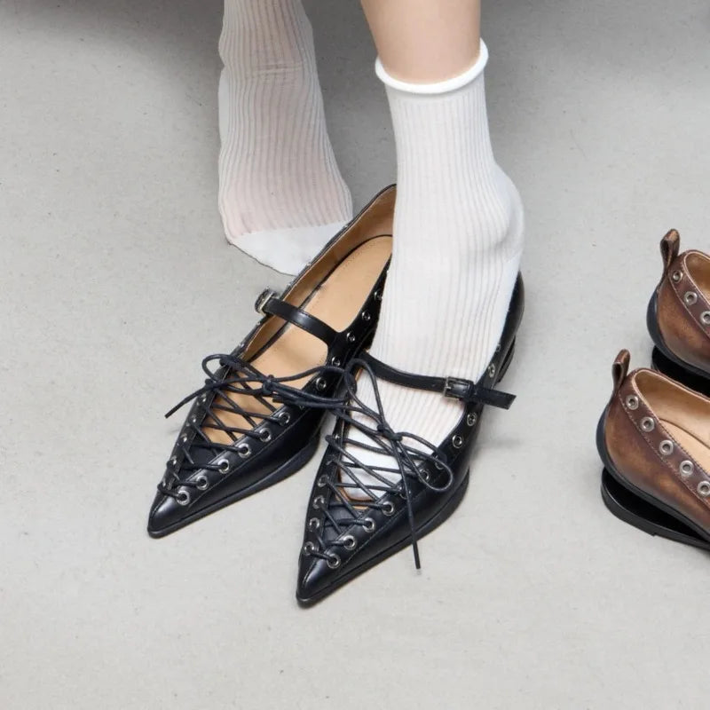 Retro Pointed Toe Lace-Up Rivet Detail Pumps for Women