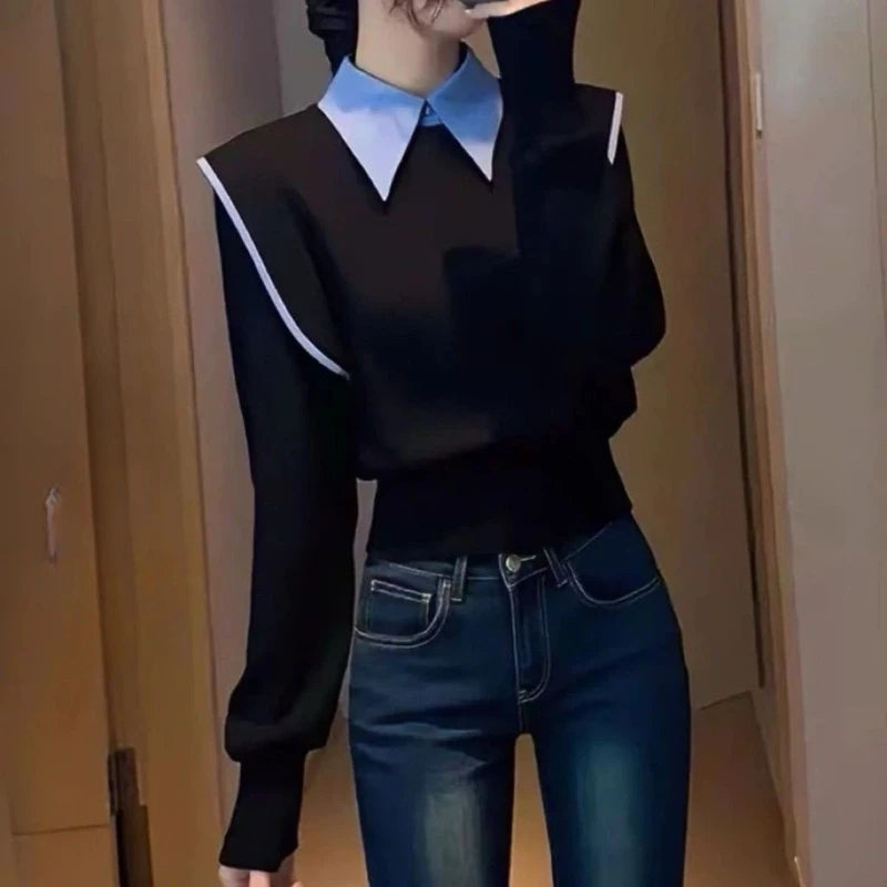 Simulated Two Piece Contrast Patchwork Long Sleeve Shirt for Women
