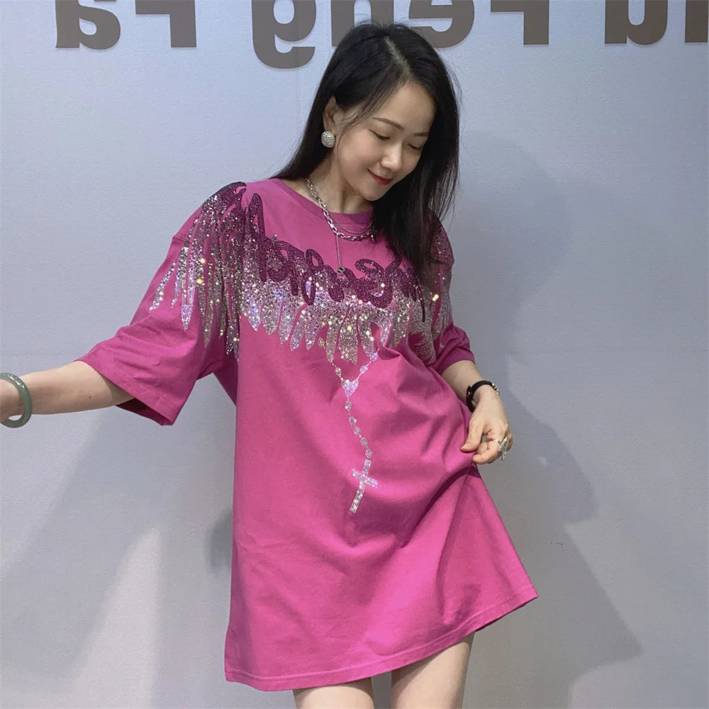 Streetwear New Spring Summer Women Short Sleeve T-shirt Hot Diamonds Wings Mid-long Oversize Pullover Trendy Couple Cotton Tees