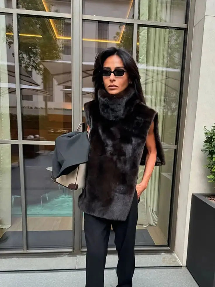 Mandarin Collar Faux Fur Vest