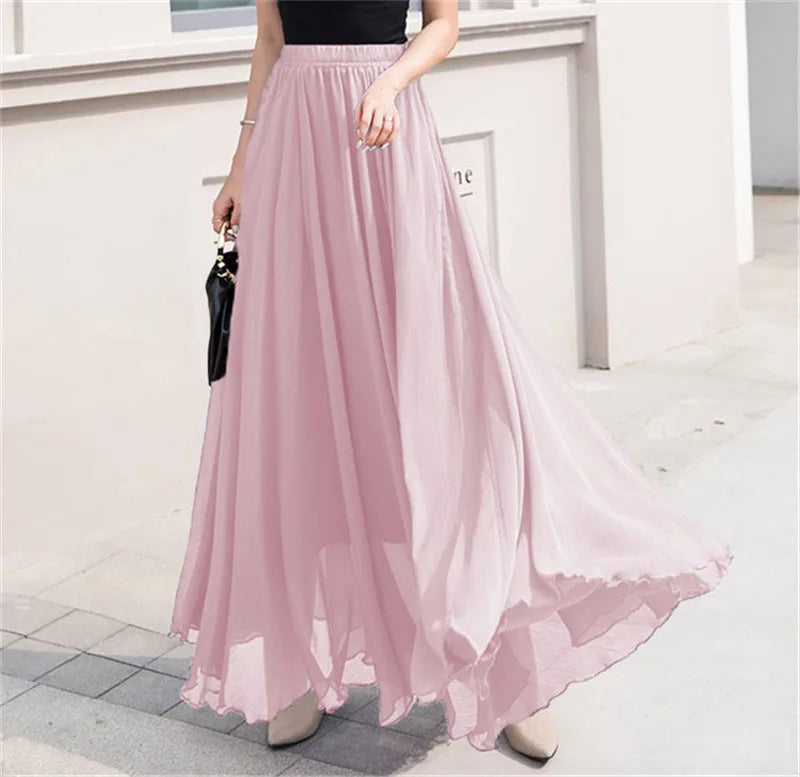 Elegant Solid Color Chiffon A-Line Skirt with High Waist for Women