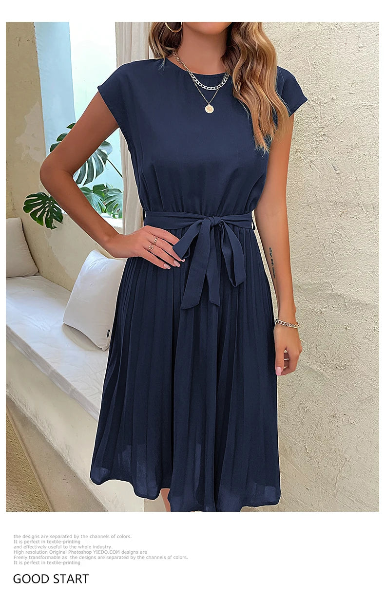 Chic Casual Pleated Short Sleeve Midi Dress for Women