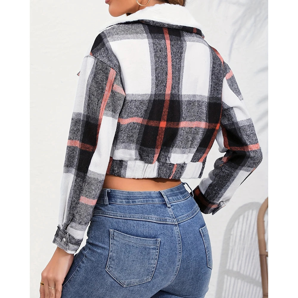 Women Fluffy Turn-down Collar Striped Print Covered Button Short Jackets Autumn Long Sleeve Coat Outfits Winter Clothing