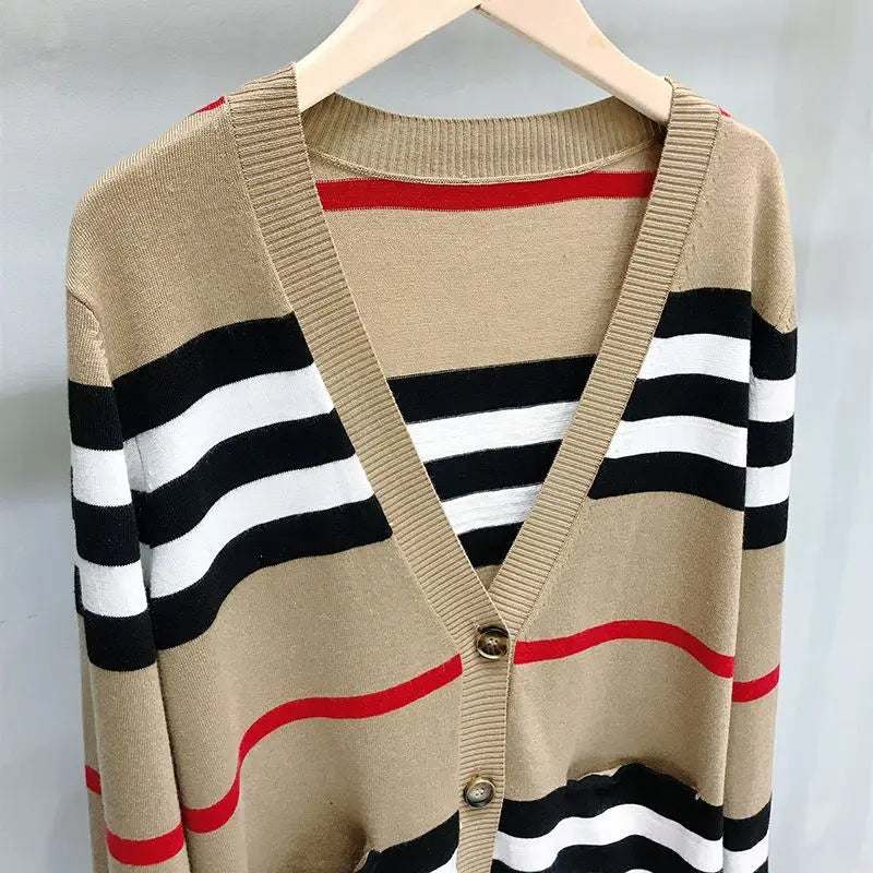 Women's Coat Spring and Autumn Classic Striped Color-block V-neck Mid-length Knitted Cardigan Loose Sweater Coat