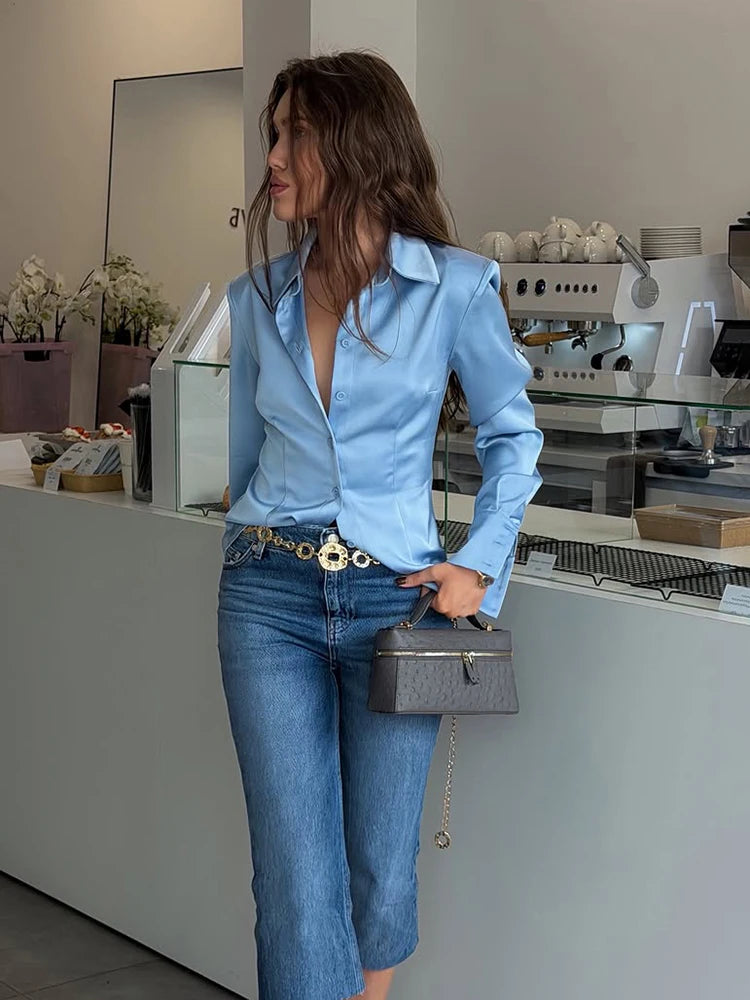 Elegant Satin Long Sleeve Button-Up Shirt for Women