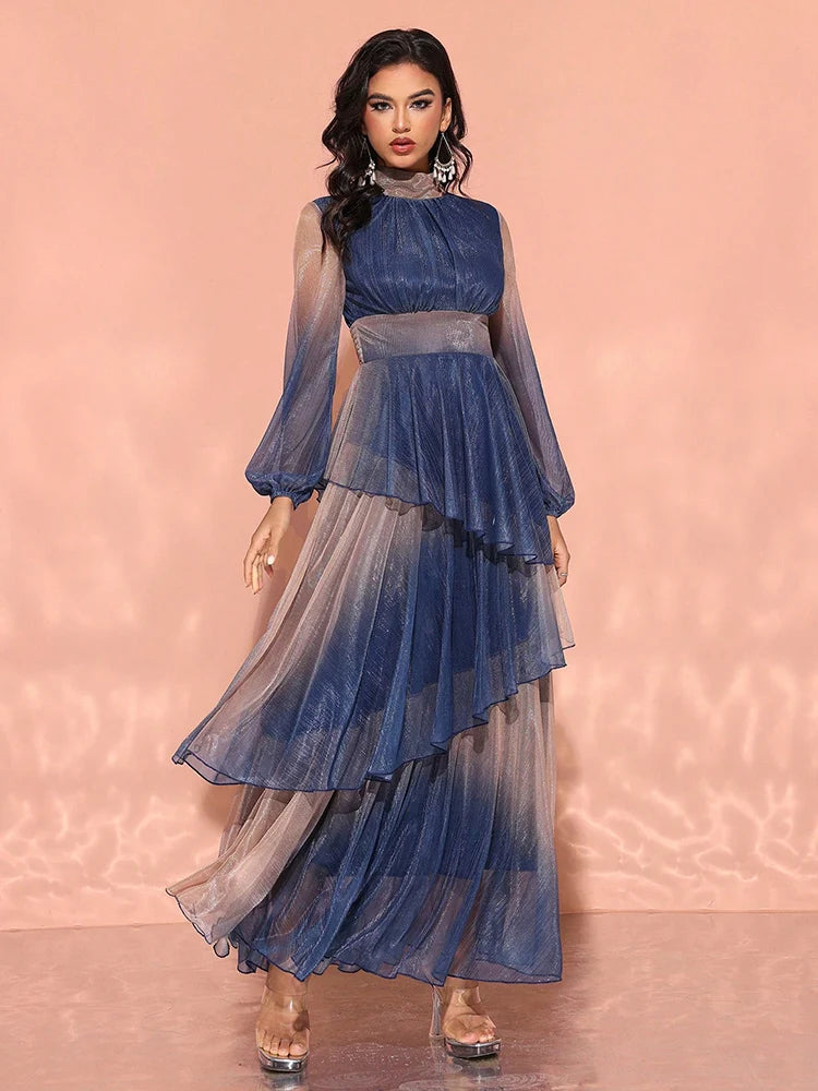 TOLEEN 2024 New Women's Luxury Elegant Party Evening Dress With Stand Collar, Lantern Sleeves, And Ruffle Hem In Gradient Fabric