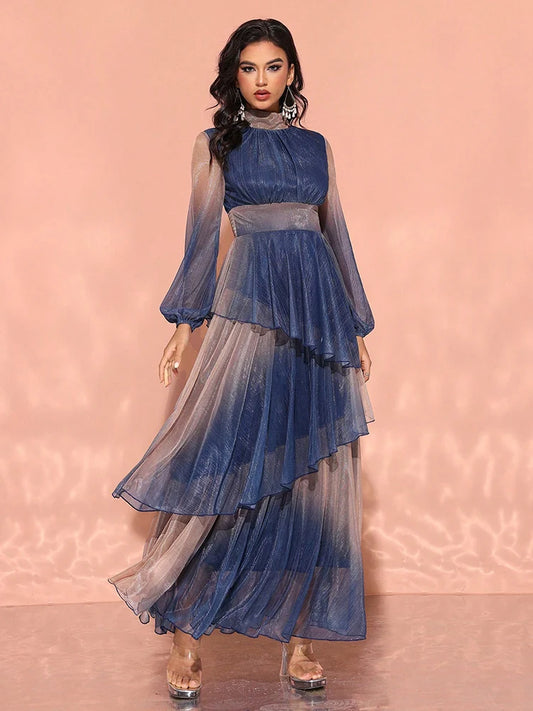 TOLEEN 2024 New Women's Luxury Elegant Party Evening Dress With Stand Collar, Lantern Sleeves, And Ruffle Hem In Gradient Fabric
