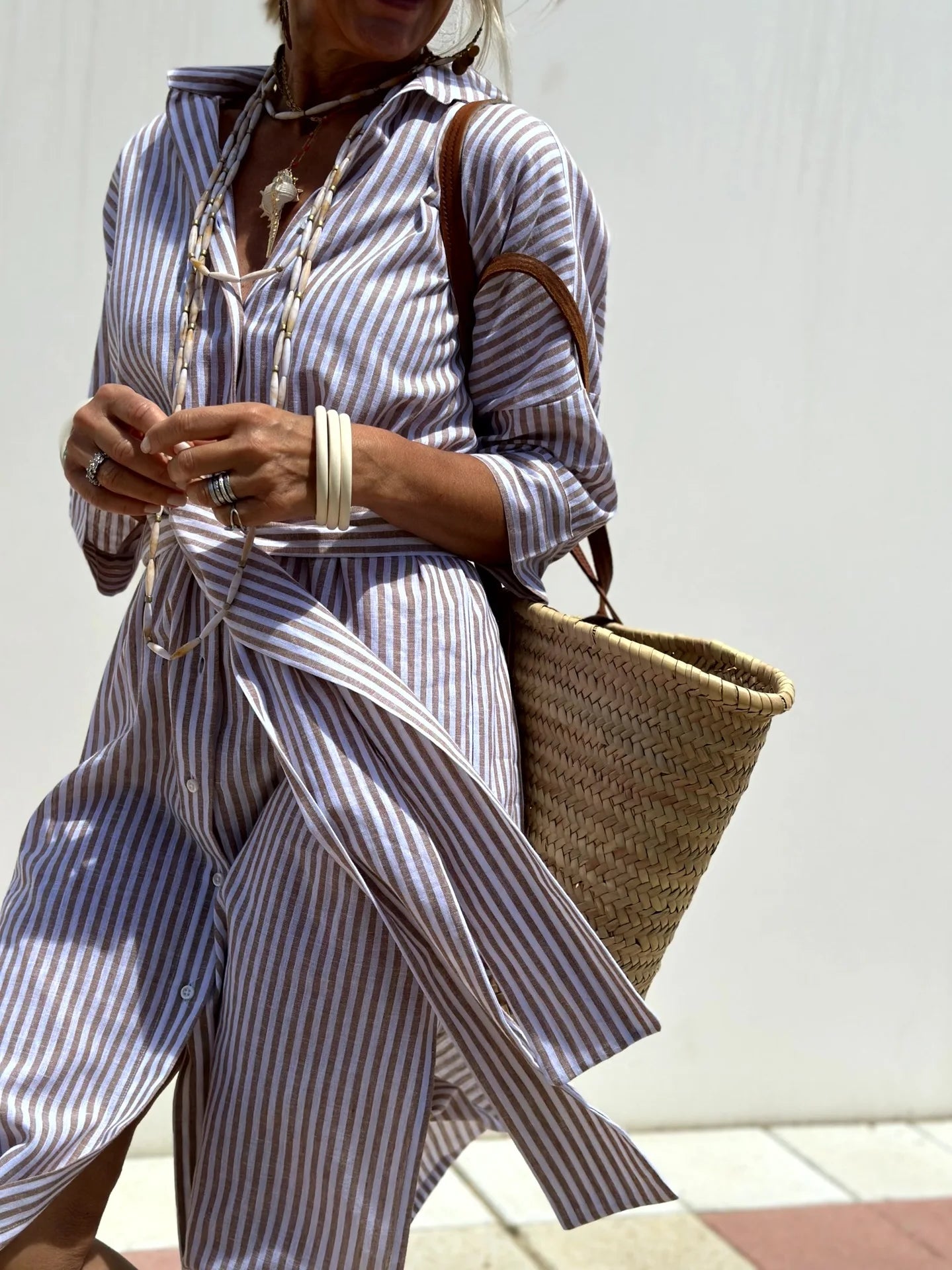 Striped Belted Ankle Length Half Sleeves Lapel Dress for Women