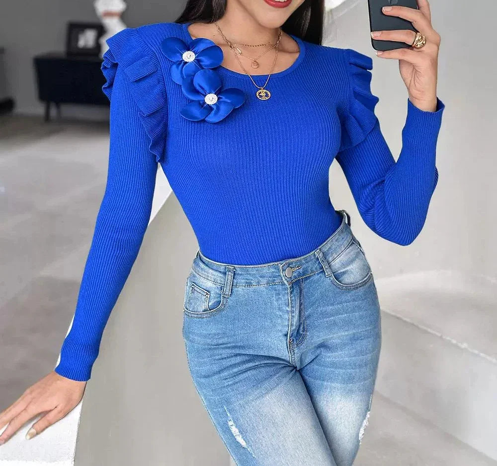 Long Sleeve Knit Tops Women Streetwear Solid Color Round Neck Floral Pattern Spliced Ruffle Hem Pit Striped Sweaters 2024 Autumn