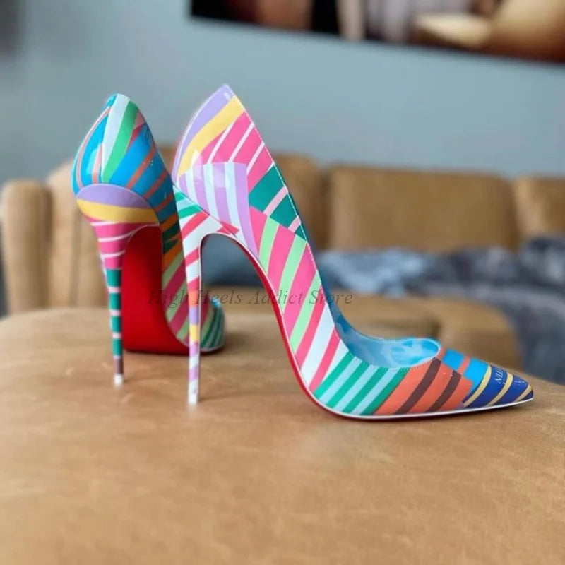 Pointed Toe Leather Striped Cross Tie Stiletto Pumps For Women