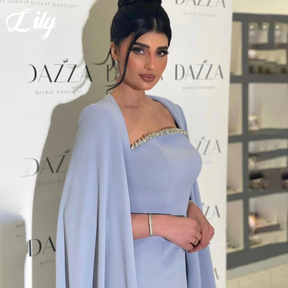 Lily Simple Blue Prom Dress with Beading Mermaid Sxey Party Dresses Sleeve with Cape Layered Mermaid Evening Dress Customized