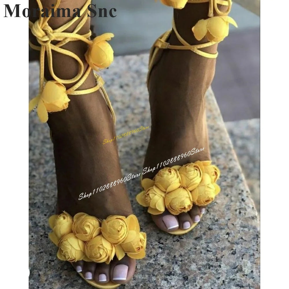 Stylish Yellow Flower Lace Up Open Toe Sandals For Women