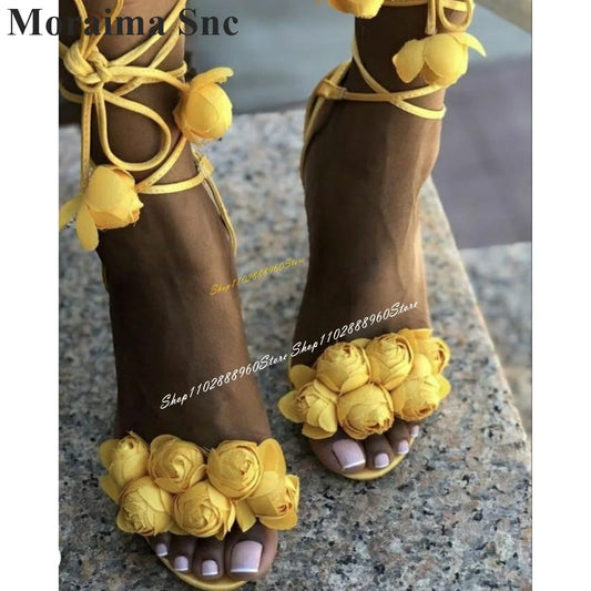 Yellow Flower Lace Up Sandals