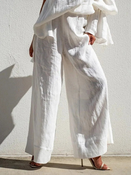 Beautyblue Casual Daily Pants Women Loose Wide Leg Pants 2025 Summer Solid Color Vacation High Waisted Elasticity White Trousers
