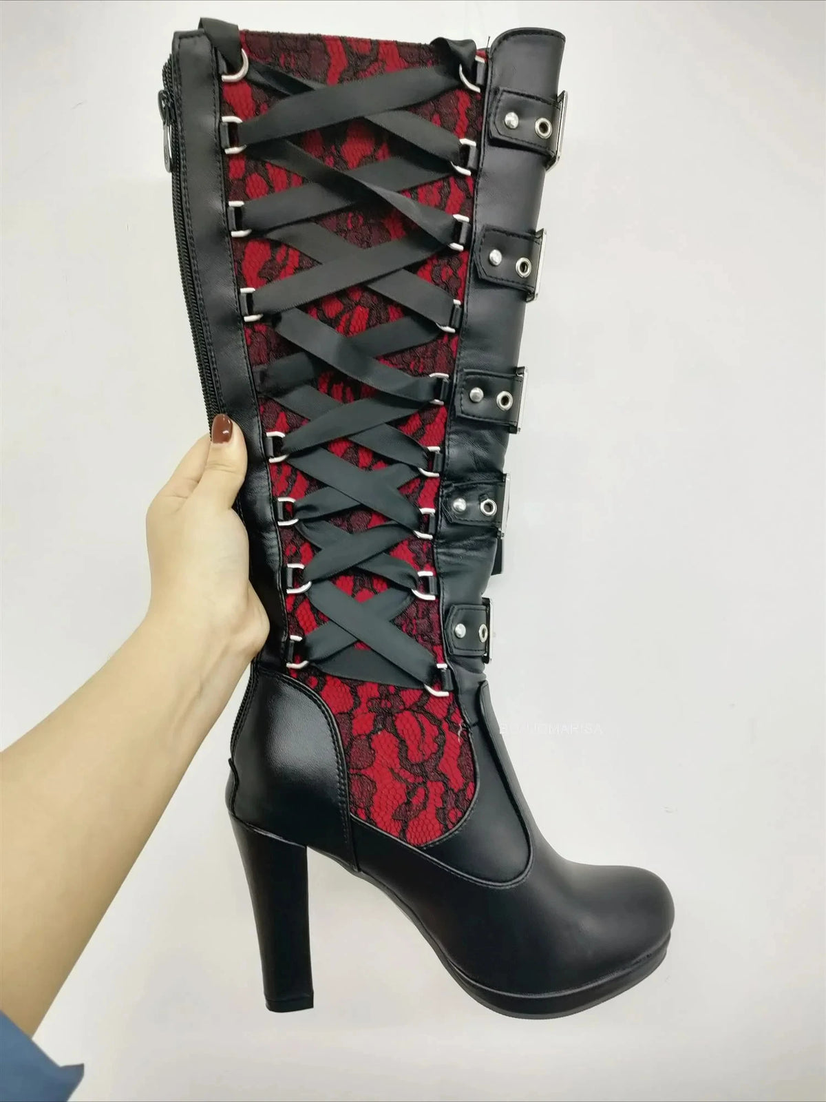 Lace Up Chunky High Heel Mid Calf Boots for Women