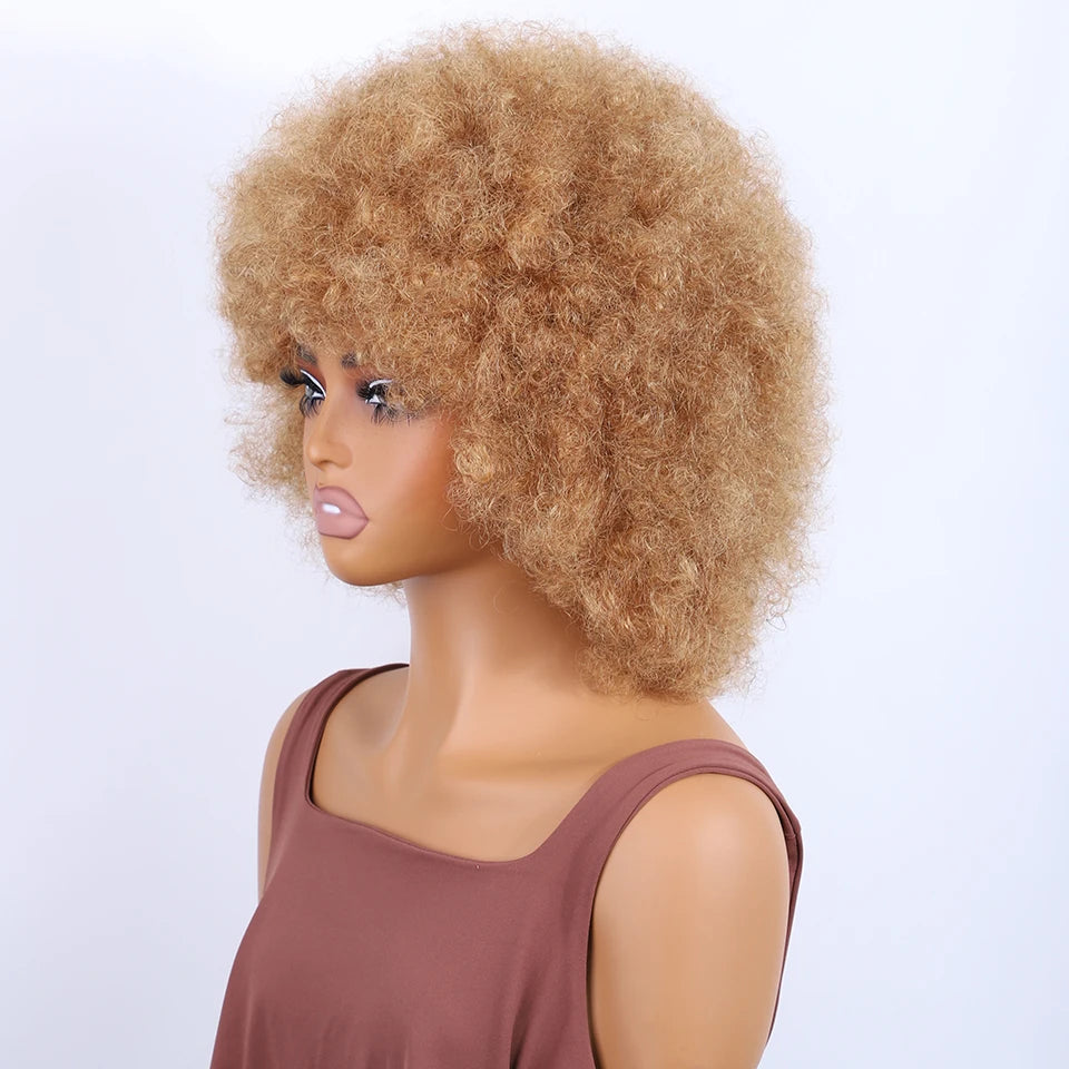 Human Hair Afro Kinky Curly Bob Wig with Glueless Cap for Women