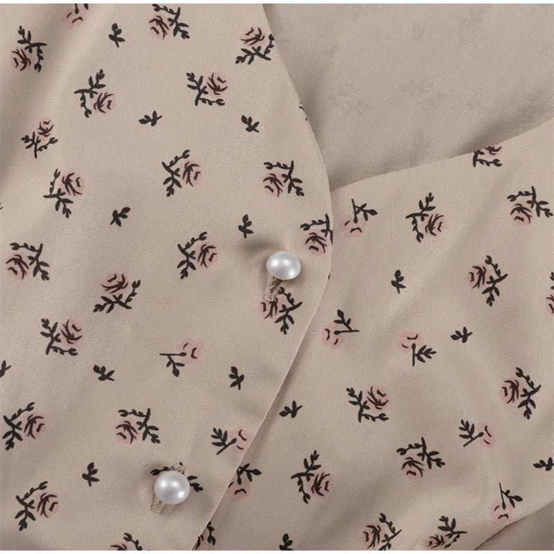 V Neck Button Lantern Sleeve Print Waistband Dress for Women