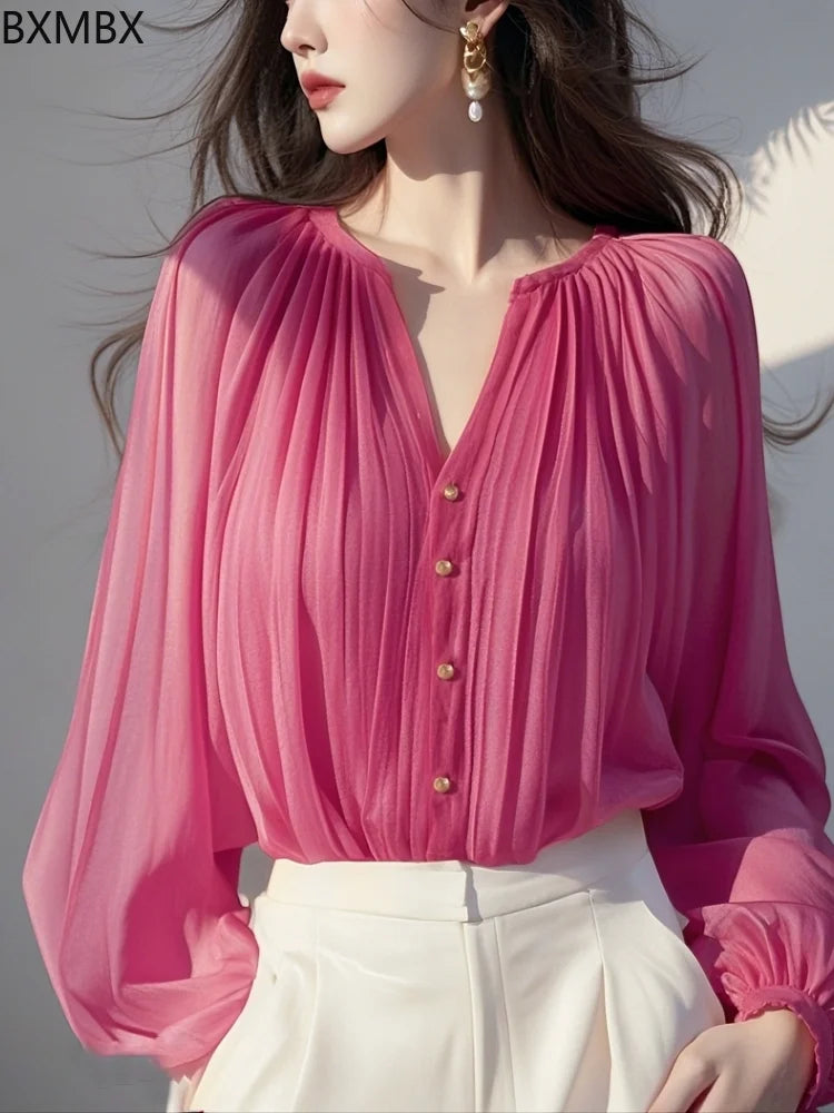Charming Rose Red Chiffon Button Front Blouse For Women