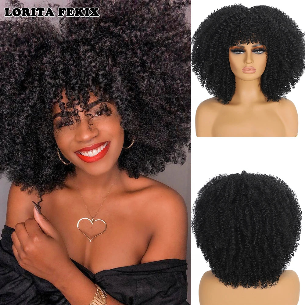 Heat Resistant Short Kinky Curly Wig With Bangs For Women