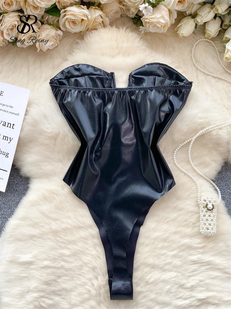Strapless PU Leather Lace-Up Backless Bodysuit for Women