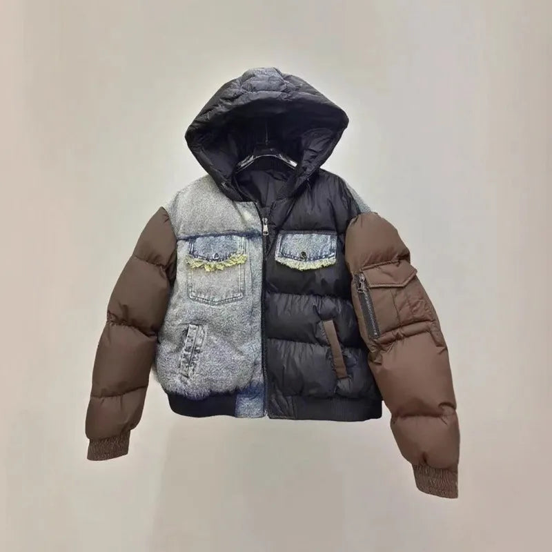 ANJY Autumn Winter New Women European Trendy Padded Coat Heavy-Duty Denim Patchwork Pocket Color-Block Hooded Down Jacket A12508