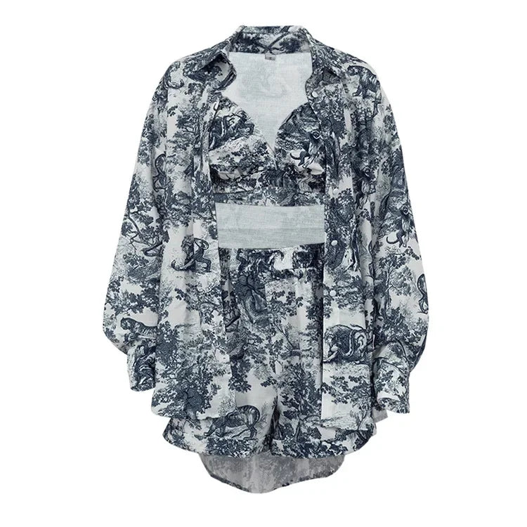 Casual Retro Ink Print Shirt and Shorts Set for Women