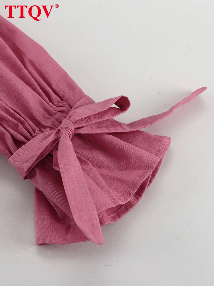 Loose Pink Cotton Shirt and Wide Leg Pants Set for Women