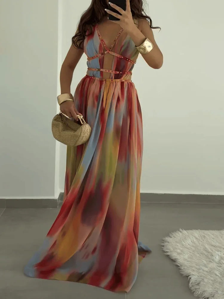 2025 Sexy Split Backless Party Dress Elegant V-neck Hollow Out Beach Long Dress Women Fashion Pattern Print Slim Fit Beach Dress