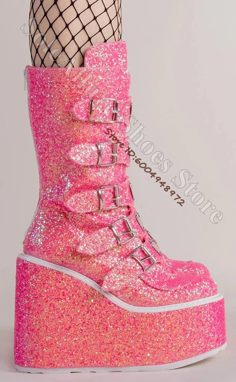 Glitter Heart Buckle Adjustable Mid Calf Wedge Boots For Women