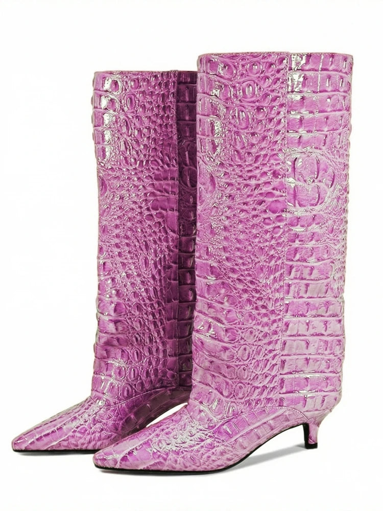 Crocodile Print Wide Shaft Kitten Heel Knee High Boots for Women