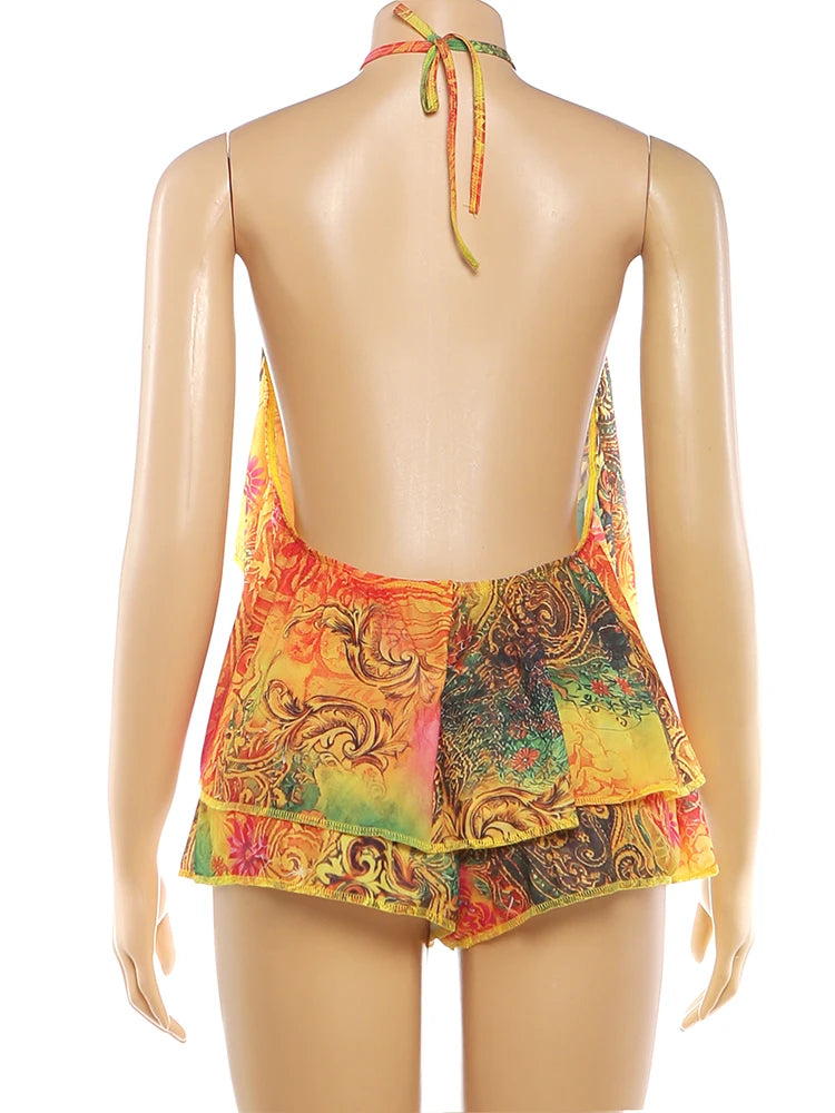 Colorful Print Halter Backless Two Piece Set for Women