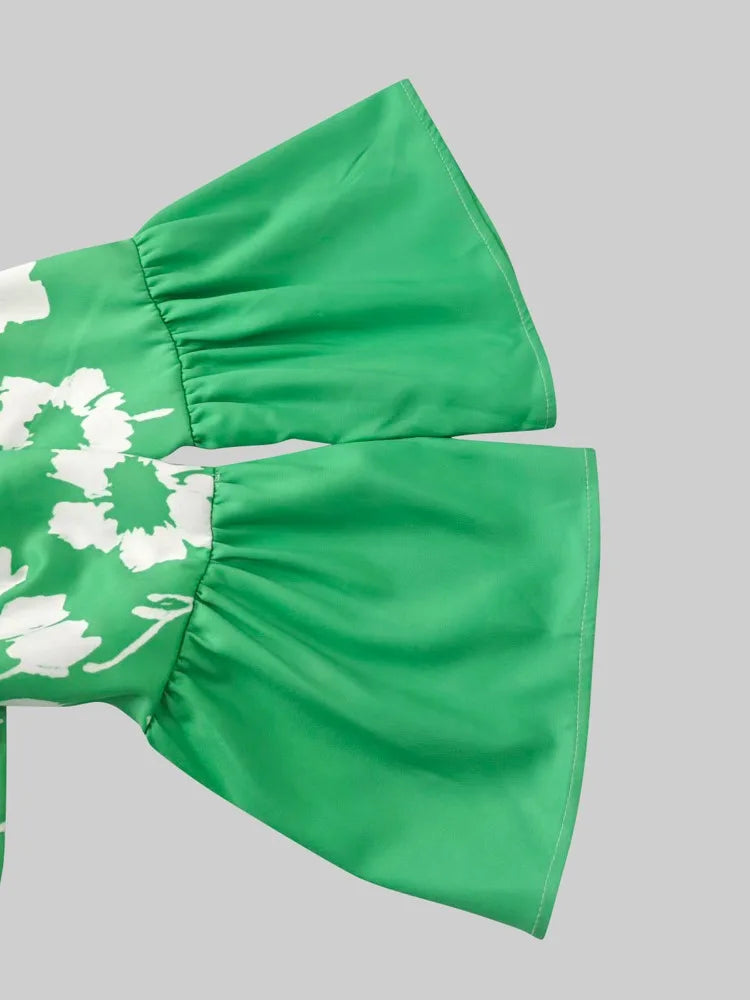 Gymystars Elegant Party Dresses V-Neck Maxi Dresses for Women Fashion Flared Sleeves Flower Print Casual Vacation Green Dresses