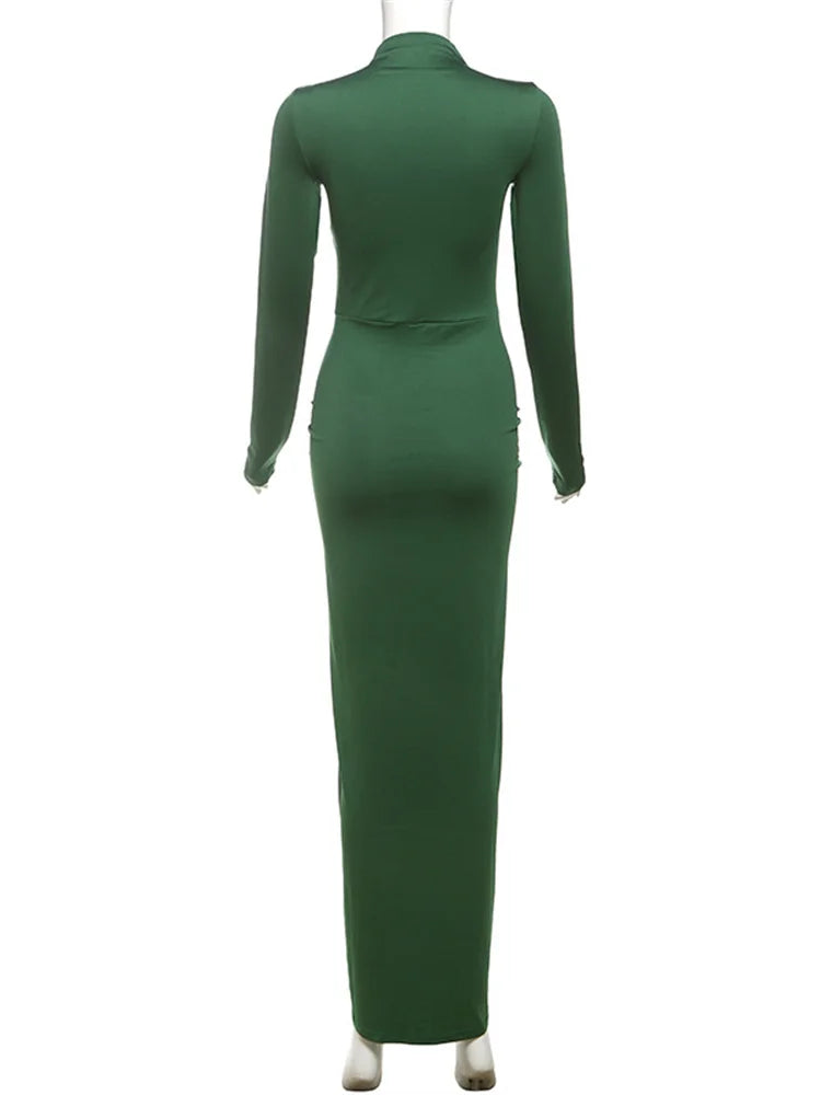 Shirred High Neck Long Sleeve Maxi Dress for Women