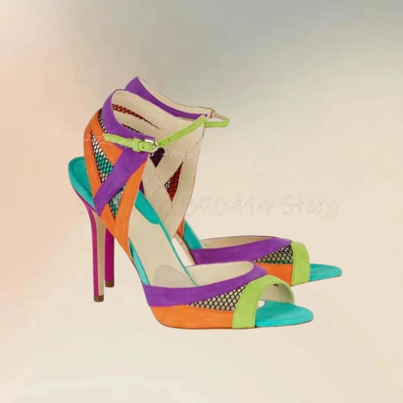 Mixed Color Mesh Sandals with Ankle Buckle for Women