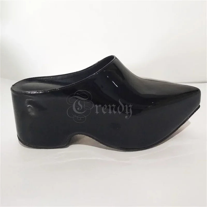 Black Mirror Leather Pointed Toe Crystal Slingback Mules For Women