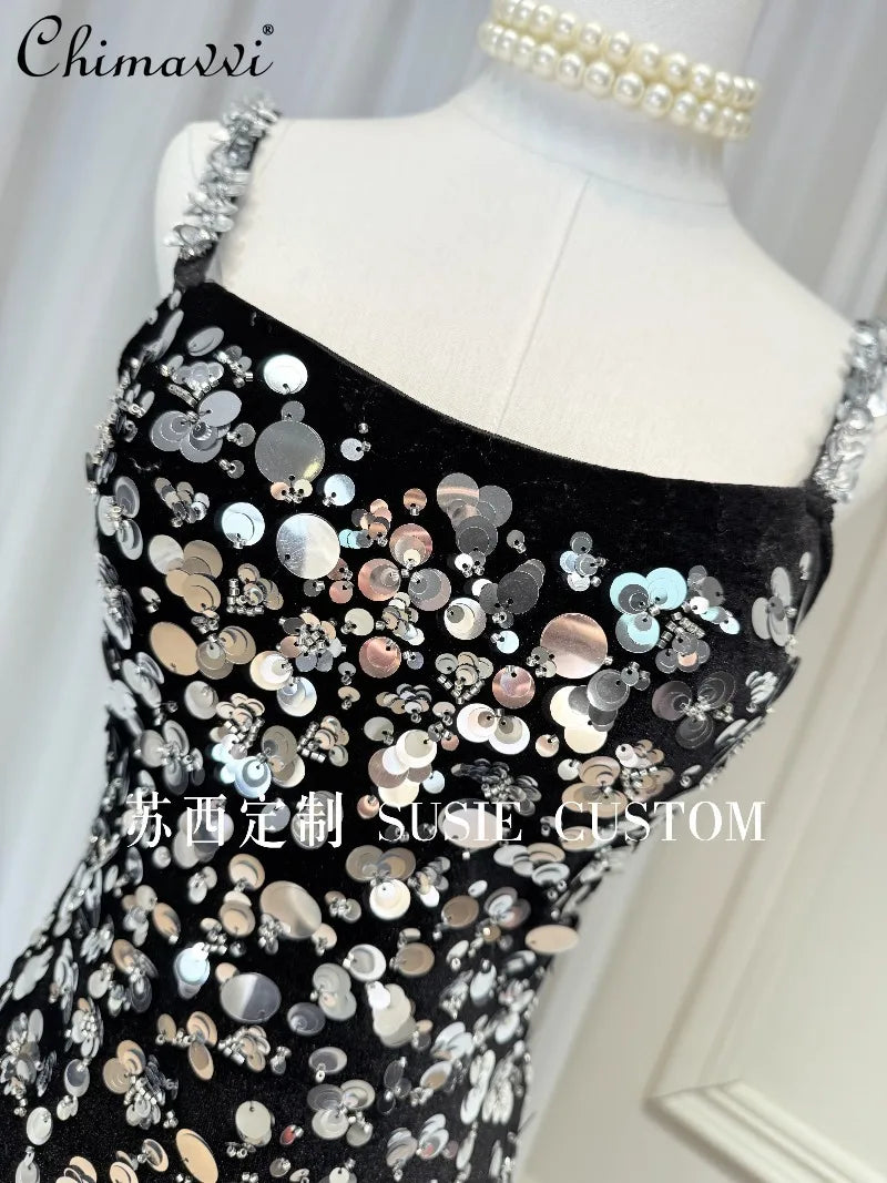 High-End Design Light Luxury Heavy Gradient Beaded Sequin Strap Split Long Dress Women's Birthday Party Elegant Gown Dresses