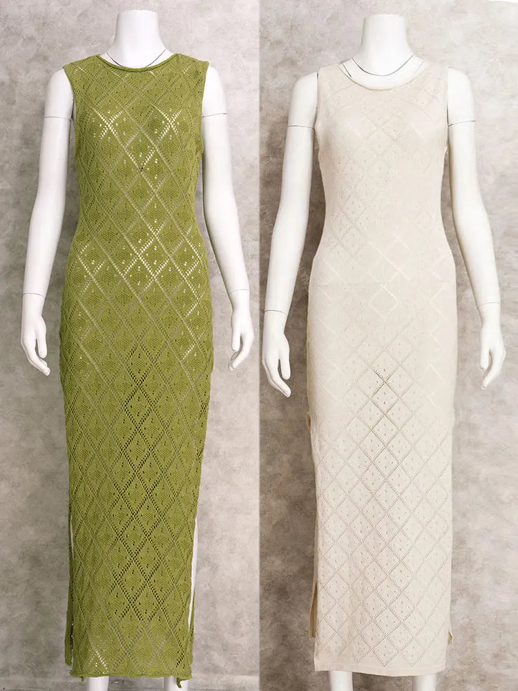 Sexy Cut Out Slit Knit Mesh Swimsuit Cover Up Pareo Tunic 2025 Summer Beach Maxi Dress Bikini Cover-ups Women Beachwear A2318