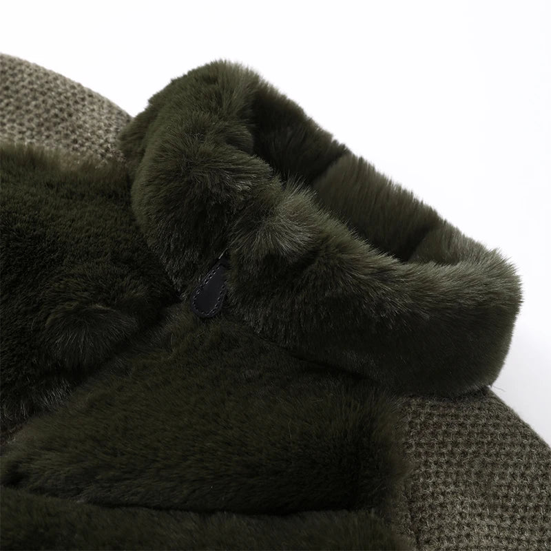 Faux Fur Patchwork Knit Coat With High Collar for Women
