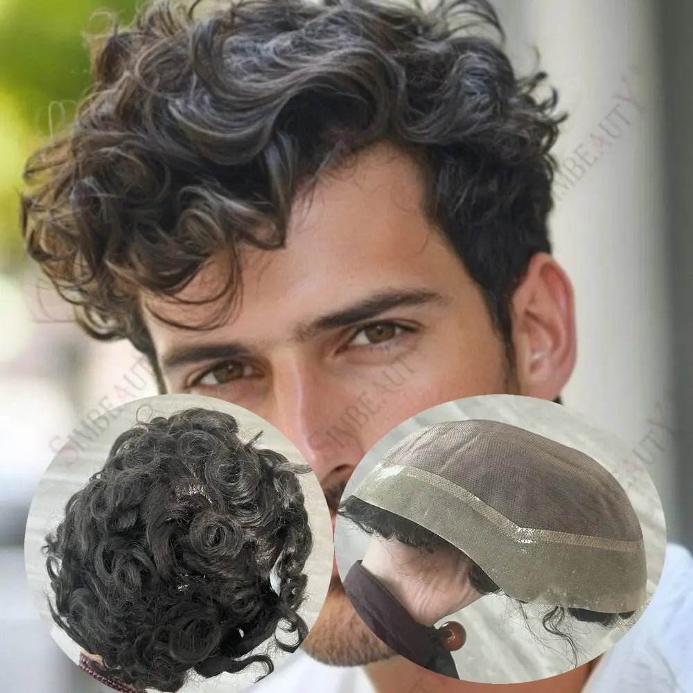 Curly Brazilian Human Hair Lace Base Toupee for Men