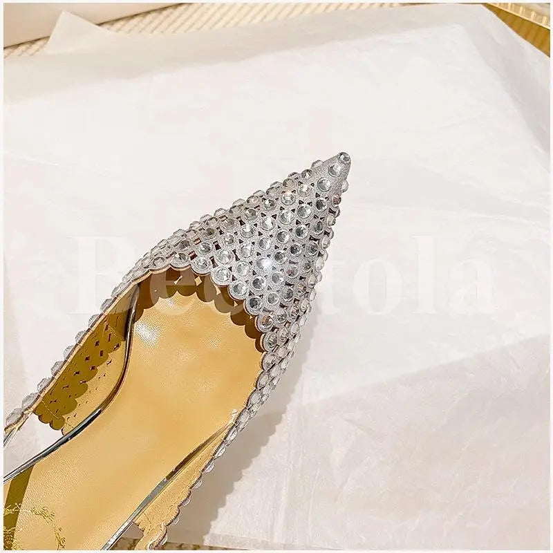 New Rhinestones Woman Sandals Diamond Pointed Toe Shallow Thin High Heels Back Strap Stilettos Female Wedding Bride Sandals
