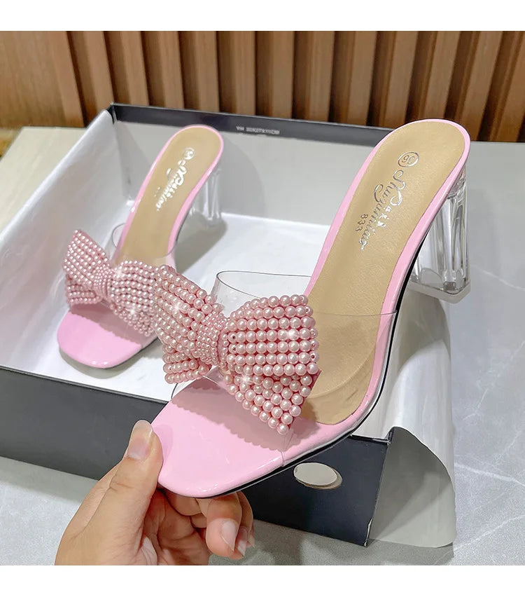 Pink Pearl Bow Design Clear Crystal High Heels for Women