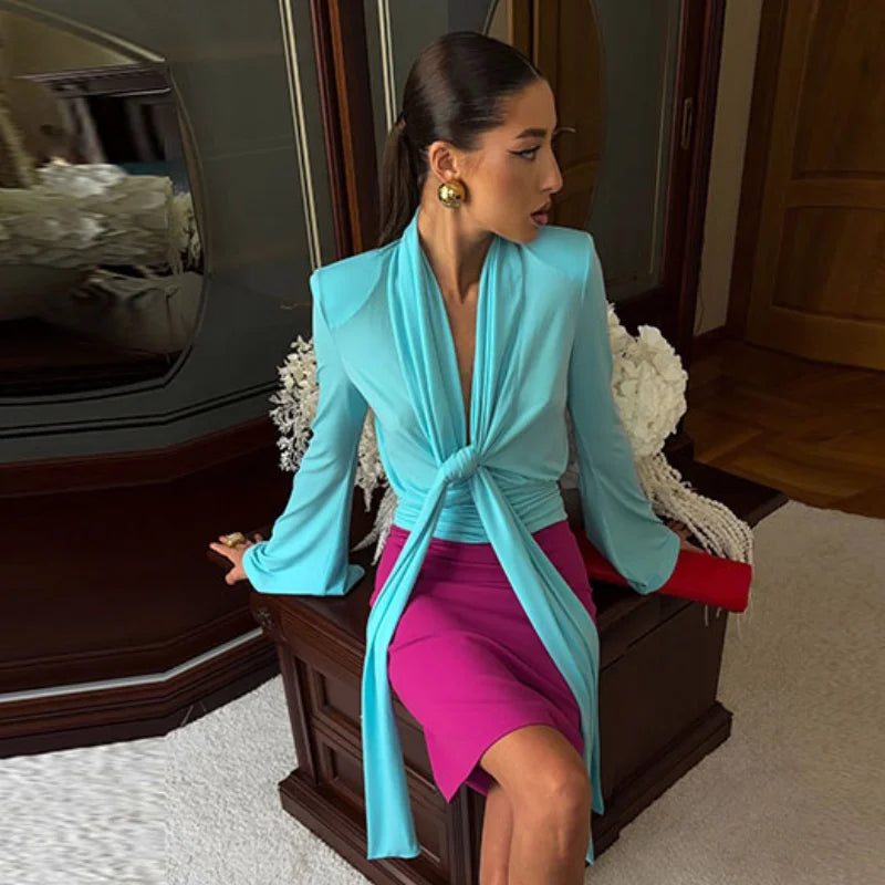 Elegant Bow Detail Pleated Long Sleeve V Neck Blouse for Women