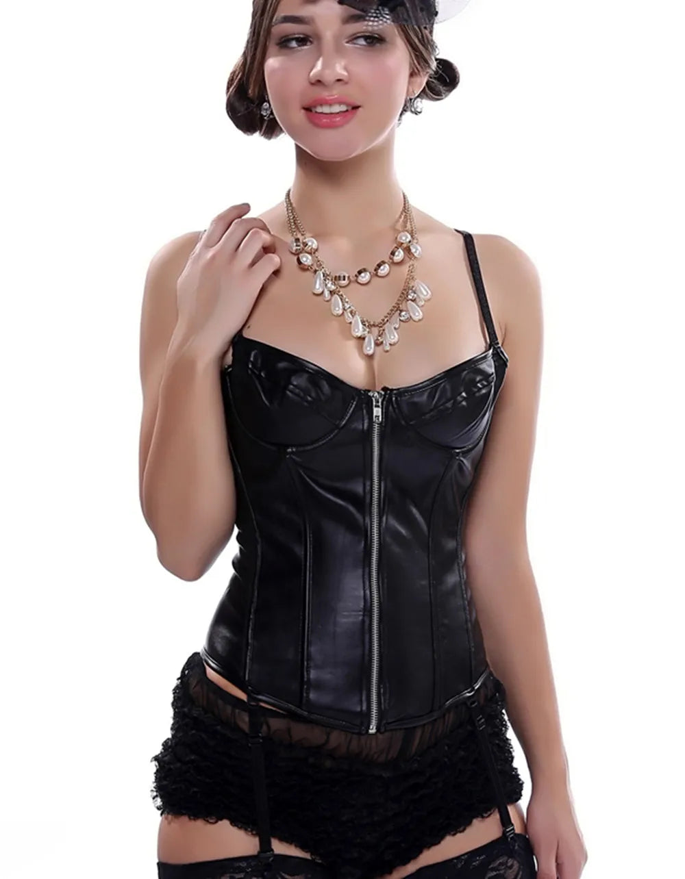 Zipper Front Black Faux Leather Overbust Corset for Women