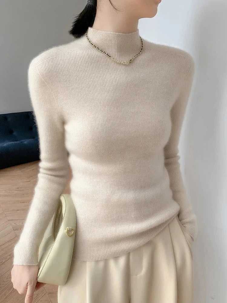 Women 100% Cashmere Sweater Mock Neck Pullover Autumn Winter Slim Basic Cashmere Knitwear Soft Warm High Strecth Pullover Tops