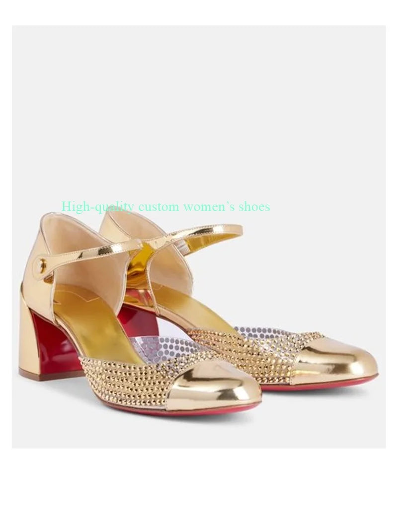 Elegant Gold Round Rhinestones Color-Blocked Sandals for Women