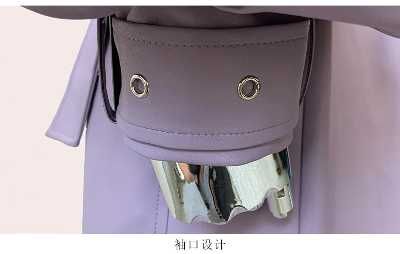 Long Purple Faux Leather Trench Coat With Ruffled Collar For Women