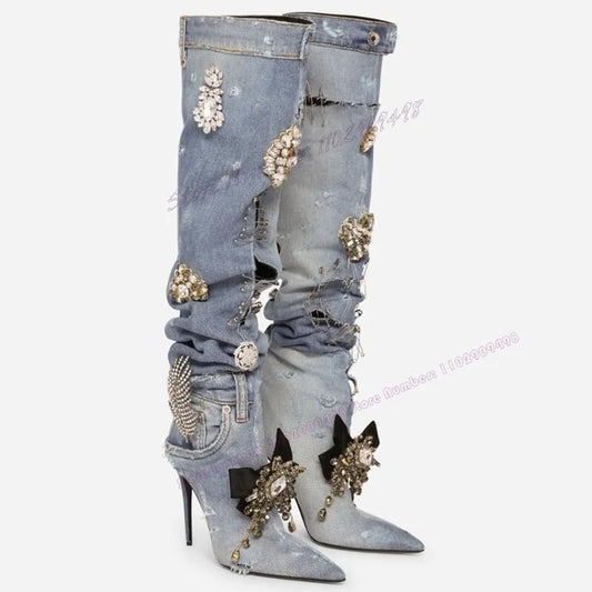 Blue Crystal Denim Knee High Boots