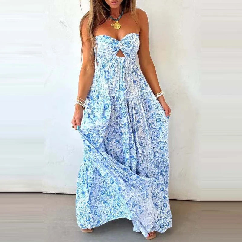 Off Shoulder Pleated Bohemian Maxi Dress for Women